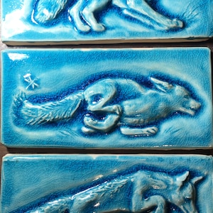 Playful fox ceramic subway tiles. Set of three in Crackle blue glaze