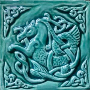 Handmade Celtic Seahorse ceramic bas relief tile in Turquoise  glaze. 6'X6' Left facing