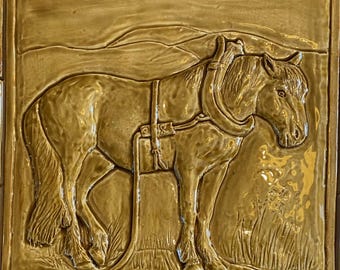 12" Resting Plough horse Backsplash tile in wheat glaze