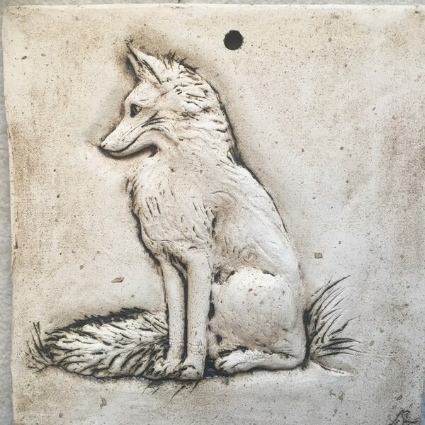 Unique Ceramic bas relief Fox tile in Stone ware clay
