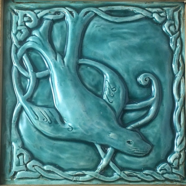 Handmade Celtic Seal ( Selkie) ceramic bas relief tile in Turquoise  glaze ( other glaze options available)