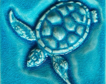4”Ceramic sea Turtle tile in crackle blue