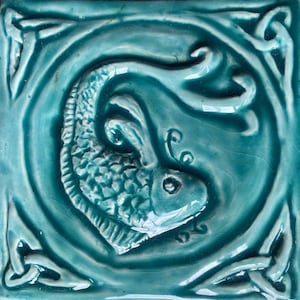 Handmade ceramic Celtic Fish tile in Turquoise  Glaze