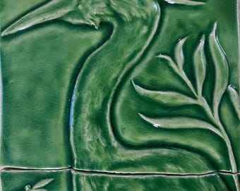 Ceramic Elegant mother Heron with baby chick 8″ x 24″ in crackle green  glaze.