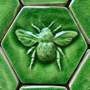 Bee tile -Little Crackle Hexagon Bee tile in a crackle Green glaze -Etsy design award Entry