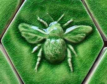Handmade Crackle Green Bee Tile: Stoneware Hexagon Decor