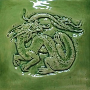 Handmade Chinese Dragon ceramic tile, with a apple jade glaze,