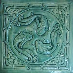 Celtic 'fish of Knowledge' Ceramic bas relief  Tile in turquoise glaze,