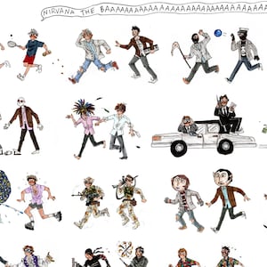 May include: A digital illustration featuring numerous small, stylized figures in various outfits and poses, arranged in rows. The text "NIRVANA THE BAAAAAAAAAAAAA" appears at the top, and "Nothing like a good feelin" is near the bottom.