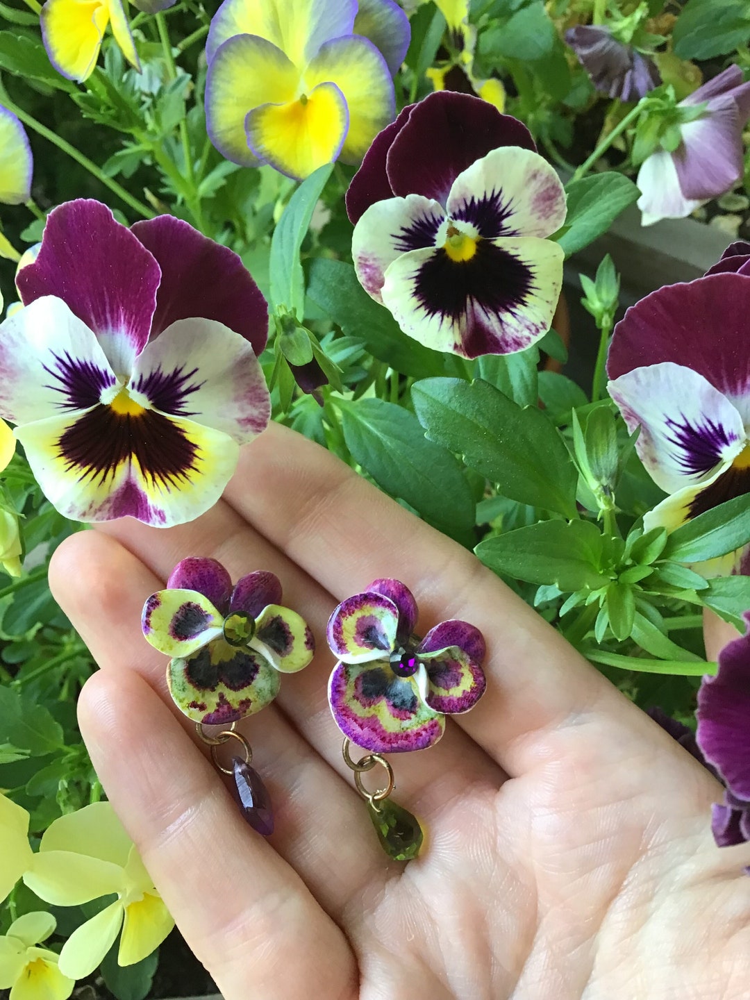 Wild Pansy Earrings With Dangling Glass Bead Etsy