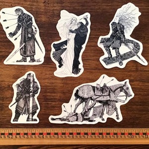 May include: Five black and white illustrations printed on white paper. The illustrations depict scenes from a fantasy story. One illustration shows a knight with arrows in his back, another shows a knight on horseback, another shows a knight and a woman, another shows a knight on a dragon, and another shows a knight with a sword.