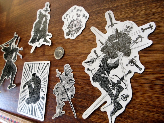Black and White Knights sticker collection, traditional art pen and ink medieval armor