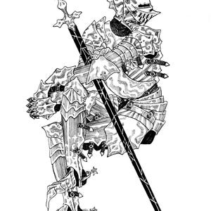 K&ouml;nnte beinhalten: Detaillierte Schwarz-Wei&szlig;-Illustration eines Ritters in voller R&uuml;stung, der mit einem Schwert und einem Speer kniet. Die R&uuml;stung weist komplizierte Designs auf und ist sehr detailliert. Der Helm des Ritters hat ein Visier, und der Speer ist lang und spitz.