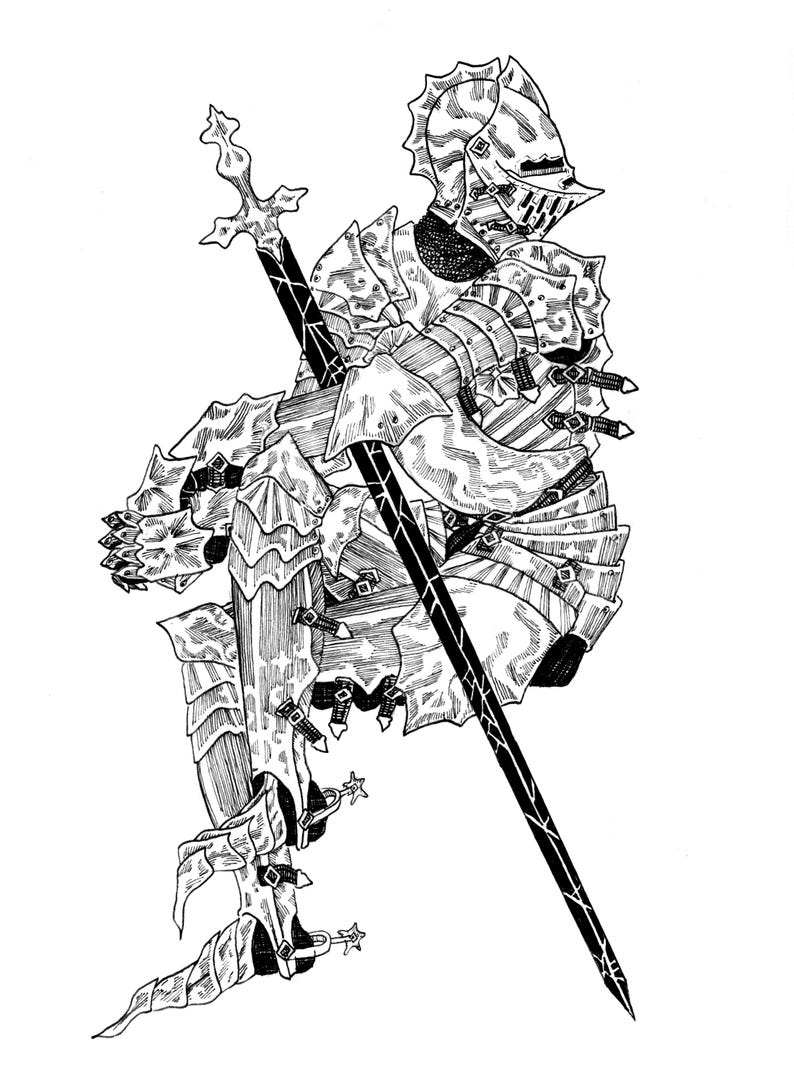 K&ouml;nnte beinhalten: Detaillierte Schwarz-Wei&szlig;-Illustration eines Ritters in voller R&uuml;stung, der mit einem Schwert und einem Speer kniet. Die R&uuml;stung weist komplizierte Designs auf und ist sehr detailliert. Der Helm des Ritters hat ein Visier, und der Speer ist lang und spitz.