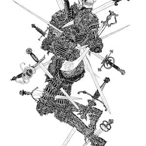 K&ouml;nnte beinhalten: Detaillierte Schwarz-Wei&szlig;-Illustration einer skelettartigen Figur in kunstvoller R&uuml;stung, durchbohrt von zahlreichen Schwertern. Das Kunstwerk zeigt filigrane Linien, die die Textur der R&uuml;stung und die verschiedenen Designs der Schwerter vor wei&szlig;em Hintergrund darstellen.