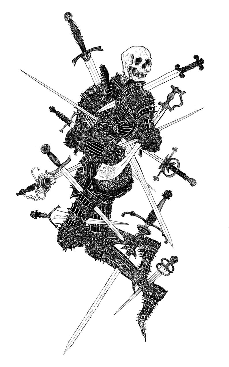 K&ouml;nnte beinhalten: Detaillierte Schwarz-Wei&szlig;-Illustration einer skelettartigen Figur in kunstvoller R&uuml;stung, durchbohrt von zahlreichen Schwertern. Das Kunstwerk zeigt filigrane Linien, die die Textur der R&uuml;stung und die verschiedenen Designs der Schwerter vor wei&szlig;em Hintergrund darstellen.