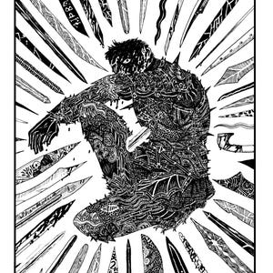 K&ouml;nnte beinhalten: Eine Schwarz-Wei&szlig;-Illustration zeigt eine sitzende Person, umgeben von verschiedenen Messern. Die Person ist mit komplizierten Mustern und Stacheln bedeckt. Die Messer haben unterschiedliche Designs und Formen, was eine dramatische und k&uuml;nstlerische Komposition ergibt.