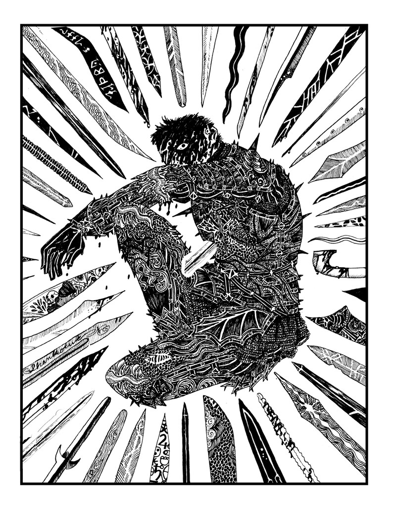 K&ouml;nnte beinhalten: Eine Schwarz-Wei&szlig;-Illustration zeigt eine sitzende Person, umgeben von verschiedenen Messern. Die Person ist mit komplizierten Mustern und Stacheln bedeckt. Die Messer haben unterschiedliche Designs und Formen, was eine dramatische und k&uuml;nstlerische Komposition ergibt.