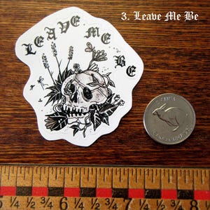 K&ouml;nnte beinhalten: Ein wei&szlig;er Aufkleber mit einem Totenkopf-Design, verziert mit floralen Elementen und dem Schriftzug "LEAVE ME BE" in gotischer Schrift. Eine kanadische 5-Cent-M&uuml;nze dient als Gr&ouml;&szlig;envergleich. Der Aufkleber liegt auf einer Holzoberfl&auml;che.