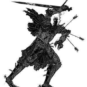K&ouml;nnte beinhalten: Schwarz-Wei&szlig;-Illustration eines Ritters in aufwendiger R&uuml;stung, der ein Schwert &uuml;ber dem Kopf schwingt. Pfeile durchbohren den Arm des Ritters. Der Ritter wird in einer dynamischen Pose dargestellt, die Bewegung und Aktion suggeriert.