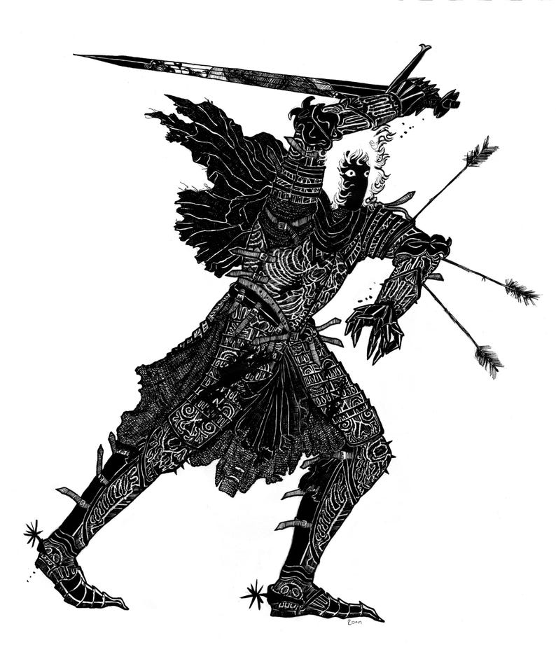 K&ouml;nnte beinhalten: Schwarz-Wei&szlig;-Illustration eines Ritters in aufwendiger R&uuml;stung, der ein Schwert &uuml;ber dem Kopf schwingt. Pfeile durchbohren den Arm des Ritters. Der Ritter wird in einer dynamischen Pose dargestellt, die Bewegung und Aktion suggeriert.