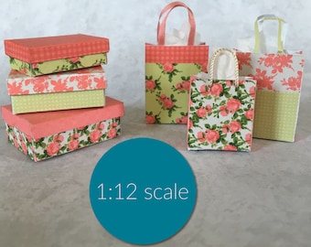 Dollhouse Miniature Shabby Chic boxes and shopping bags (downloadable, DIY)