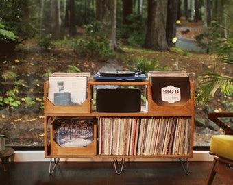 Station pour platines vinyles Irving : rangement pour disques vinyles de style bibliothèque