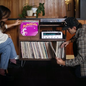May include: A wooden record storage unit with a turntable and stereo receiver. The unit holds numerous vinyl records, with a pink album cover visible. Two people are interacting with the records.