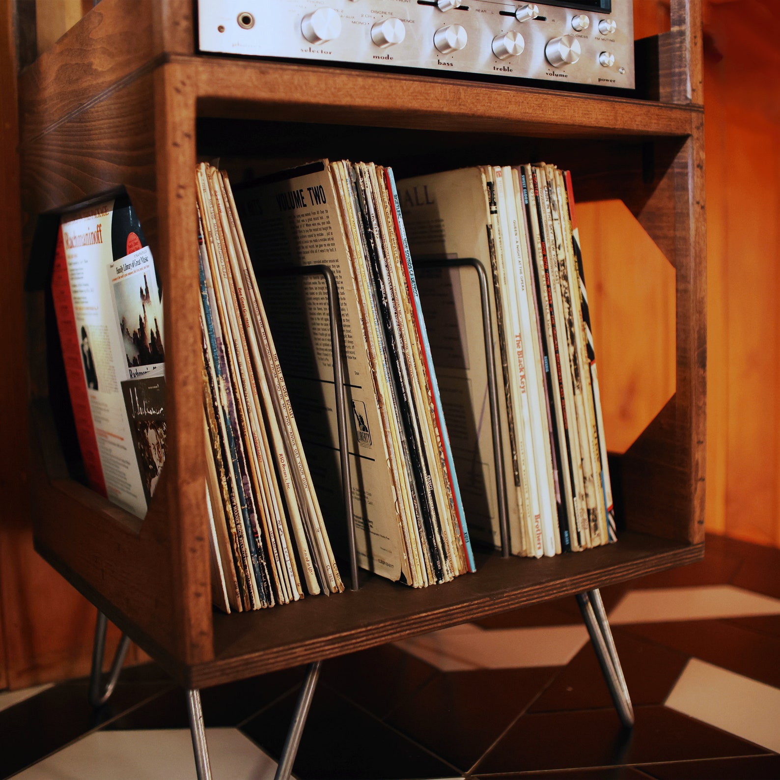 The Halfstack Listening Station // Vinyl Record Storage // Record Player Table // Turntable Stand - Ebony, 6 Inch Hairpin Legs