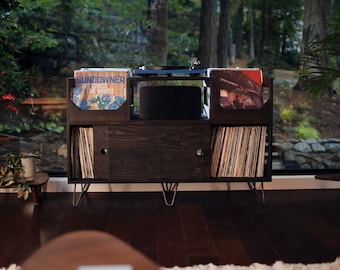 The Irving Turntable Station With Sliding Doors: Record Player Stand with Bookshelf Vinyl Record Storage and Flip Forward Bins