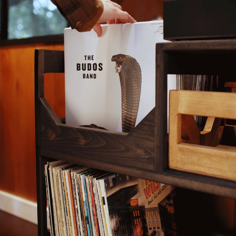 May include: A dark stained wooden record storage unit with multiple compartments. The front compartment holds vinyl records, including a record with the text "THE BUDOS BAND" and a cobra illustration. A hand is placing a record in the unit.