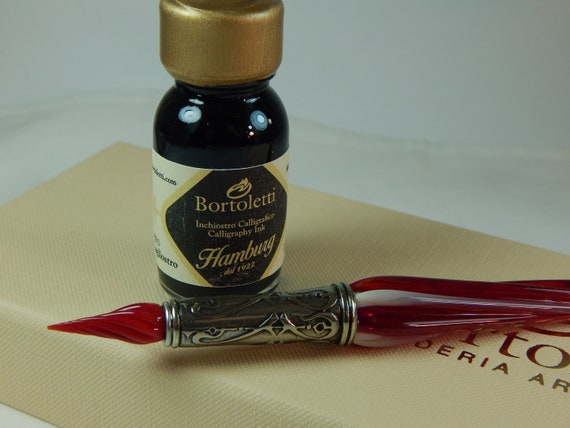 Bortoletti FEATHER QUILL PEN INK BORDEAUX RED Box Set HANDMADE Italian Gift  New