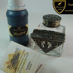 Bortoletti Glass Inkwell with Bronze Cap and Pen Holder - comes with 50ml bottle of ink - #CAL65