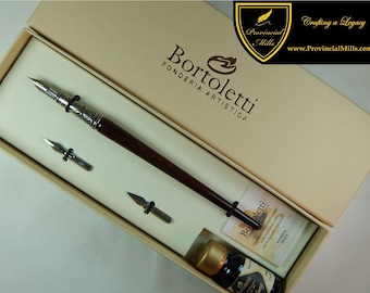 Bortoletti Wood Dip Pen with Bronze Nib Holder Set - Includes Ink and 3 Nibs - SET11