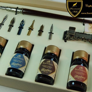 Bortoletti Wood Dip Pen with Bronze Nib Holder Set - Includes 4 Inks, pen holder, calligraphy manual and 7 Nibs - SET18