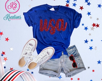 Camiseta de manga corta con lentejuelas y estampado de estrella de EE. UU. para adultos, camiseta del 4 de julio, camiseta del Día de los Caídos, ropa patriótica, indumentaria patriótica, camiseta del Día de la Independencia
