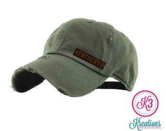 Distressed Kentucky Ball Cap, Leather Patch, KY State Hat