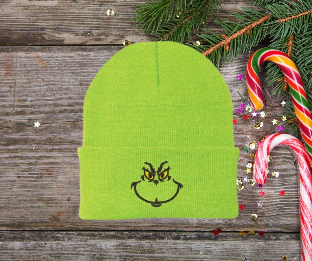 Grinch Face Embroidered Beanie, Grinch Hat, Christmas Beanie, Christmas