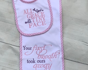 Babero y paño para eructar de bebé con cuadros vichy rosas bordados, regalo para recién nacido