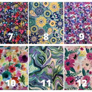 Puede incluir: Un collage de 6 muestras de tela diferentes con patrones florales y abstractos. Las muestras est&aacute;n numeradas del 7 al 12.