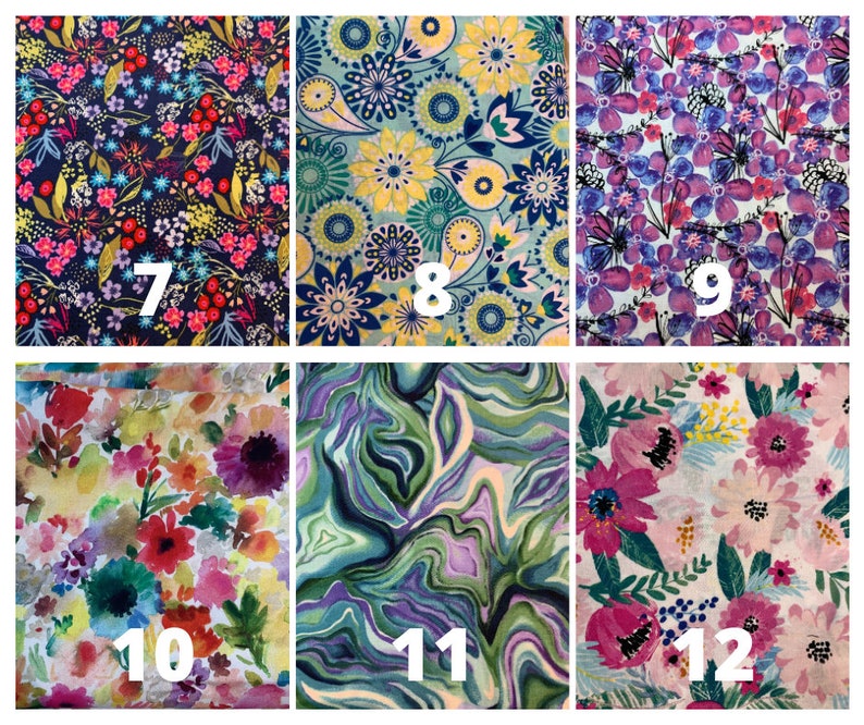 Puede incluir: Un collage de 6 muestras de tela diferentes con patrones florales y abstractos. Las muestras est&aacute;n numeradas del 7 al 12.