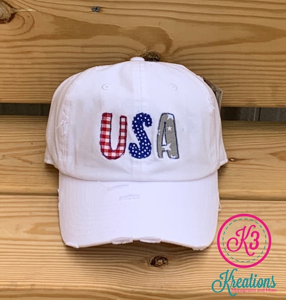 Distressed White Patriotic Cap, USA Gingham Stars & Dots, KBETHOS
