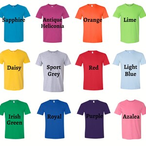 Puede incluir: Doce camisetas de diferentes colores con etiquetas de texto que indican sus nombres de colores. Los colores son zafiro, heliconia antigua, naranja, lima, margarita, gris deportivo, rojo, azul claro, verde irland&eacute;s, real, morado y azalea.