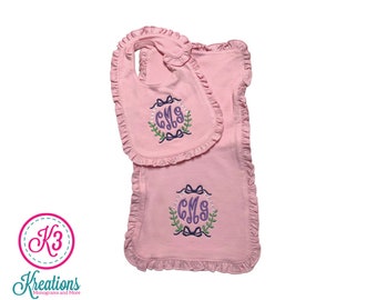 Embroidered Monogram Baby Girl Pink Ruffle Bib & Burp Cloth Gift Set, Burp Cloth Set, Baby Shower Gift, Newborn Gift, Baby Monogram