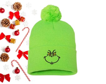 Grinch Face Embroidered Pom Beanie, Grinch Hat, Christmas Beanie, Christmas Hat, Grinch Pom Beanie, Christmas Gift