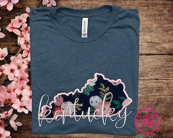 Camiseta con apliques florales del estado de Kentucky, camisa de mezclilla tri-blend