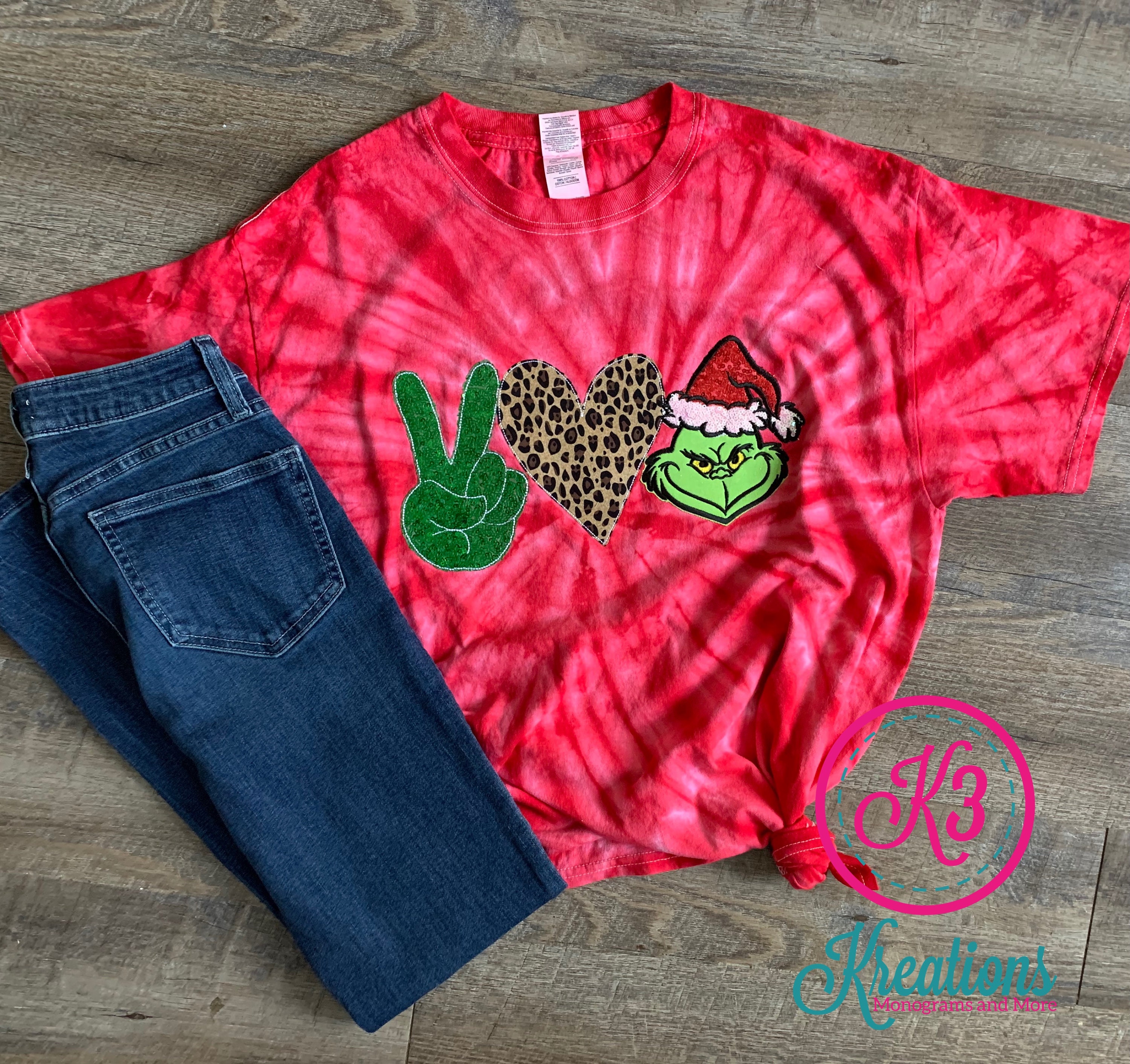 Adult Peace Love Grinch Red Tie-dye Tee Long Sleeve Short - Etsy