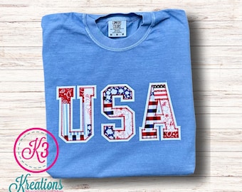 Comfort Colors USA Patchwork Applique Tee, Patriotic Shirt