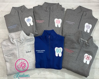 Dental Office Tooth Monogrammed Quarter-Zip Sweatshirt, Custom Business Sweatshirt, Personalized, Embroidered Tooth, Monogram Pullover