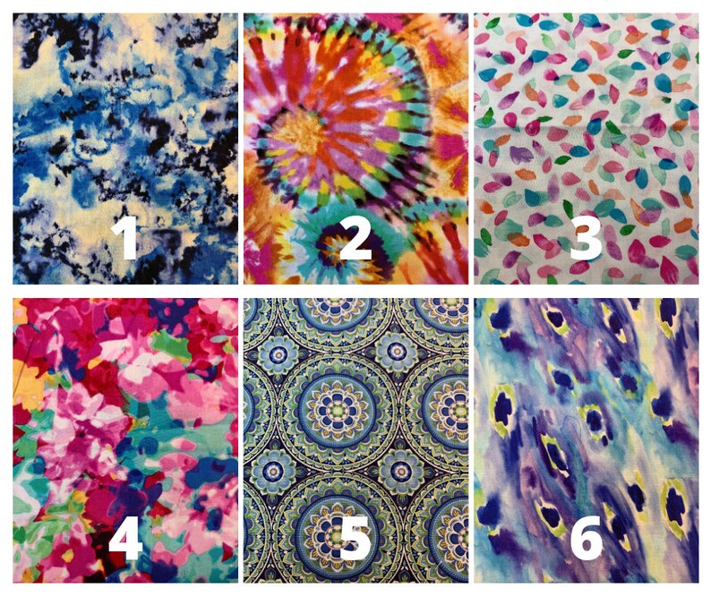 Puede incluir: Seis muestras de tela con los n&uacute;meros del 1 al 6 impresos en ellas. Las muestras presentan una variedad de patrones, incluyendo dise&ntilde;os tie-dye, florales y geom&eacute;tricos. Los colores son brillantes y vibrantes, incluyendo azul, rosa, verde y amarillo.